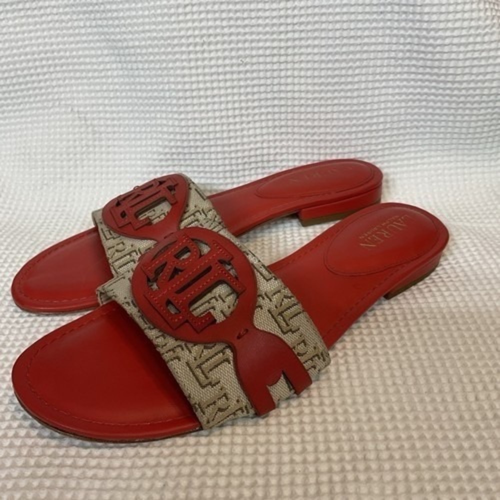 Lauren Ralph Lauren Alegra Red Khaki  Slide Sandals Women 9B Cambodia